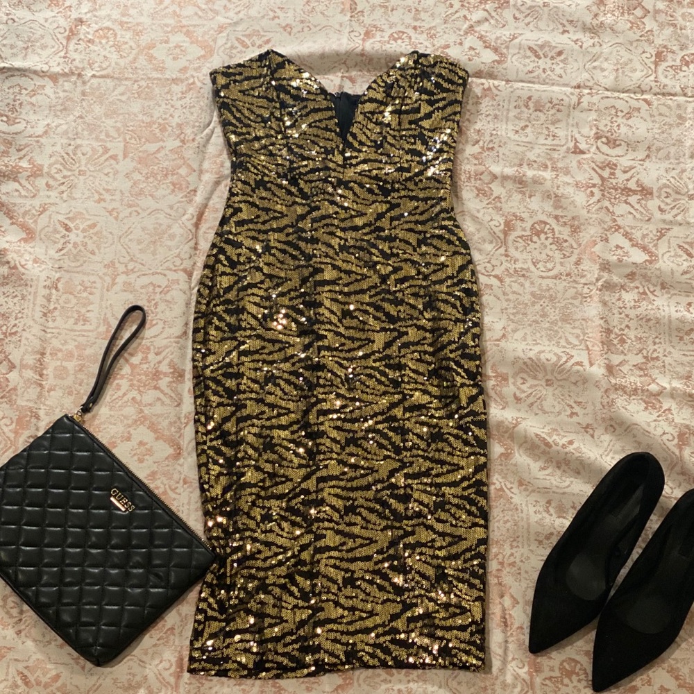 Strapless Deep V Black & Gold Sequin Dress